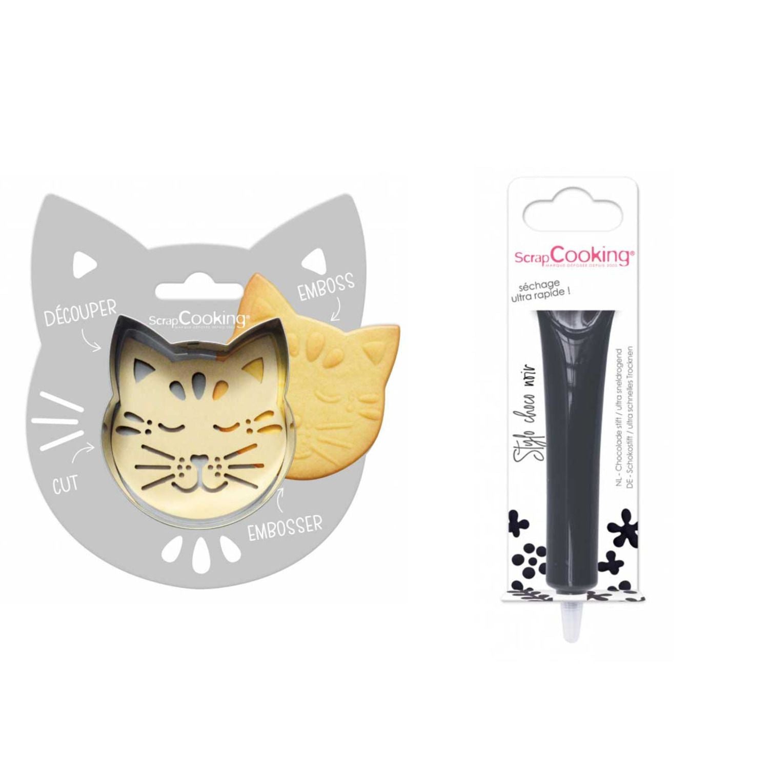 Kit pour biscuit en relief Chat + Stylo au chocolat noir Scrapcooking - Mathon