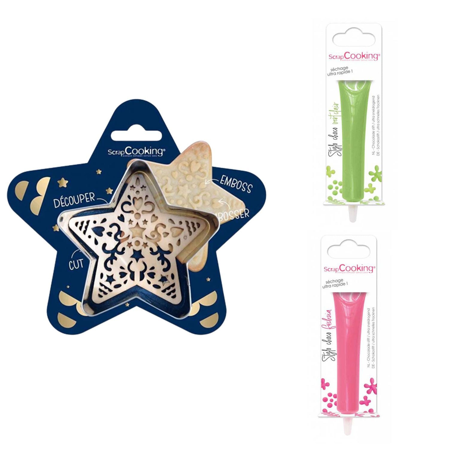 Kit pour biscuit en relief Étoile + 2 Stylos au chocolat vert clair et fuchsia Scrapcooking - Mathon