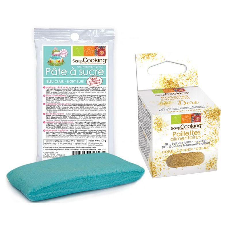 Pâte à sucre bleu clair 100 g + paillettes dorées Scrapcooking - Mathon