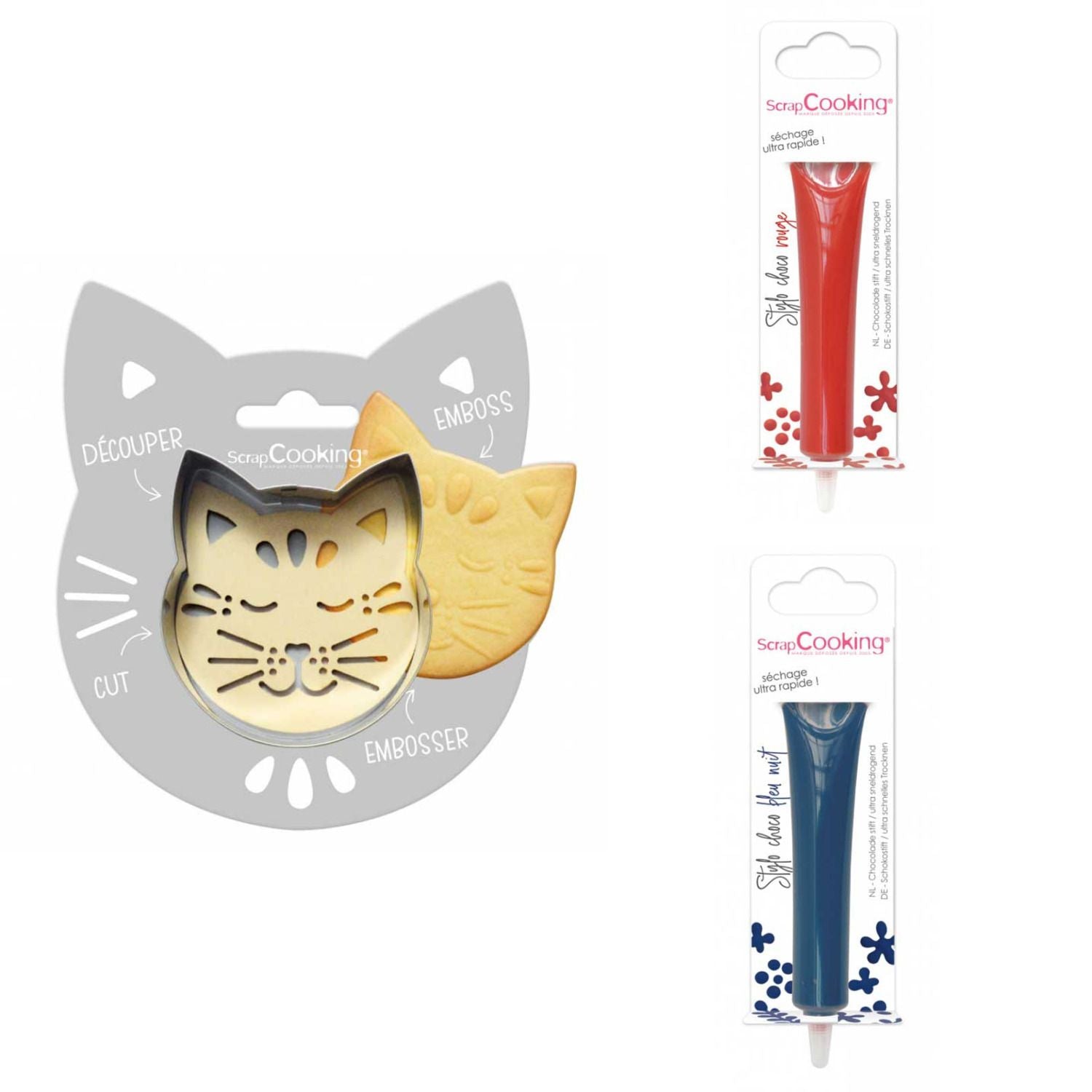 Kit pour biscuit en relief Chat + 2 Stylos au chocolat rouge et bleu nuit Scrapcooking - Mathon