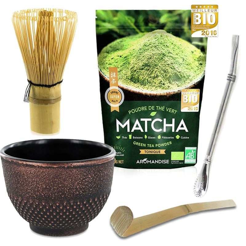Coffret thé Matcha + fouet + cuillère en bambou + tasse noir & violet + paille inox avec filtre Aromandise - Mathon