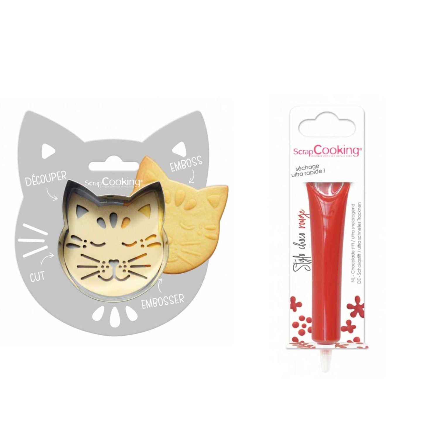 Kit pour biscuit en relief Chat + Stylo au chocolat rouge Scrapcooking - Mathon