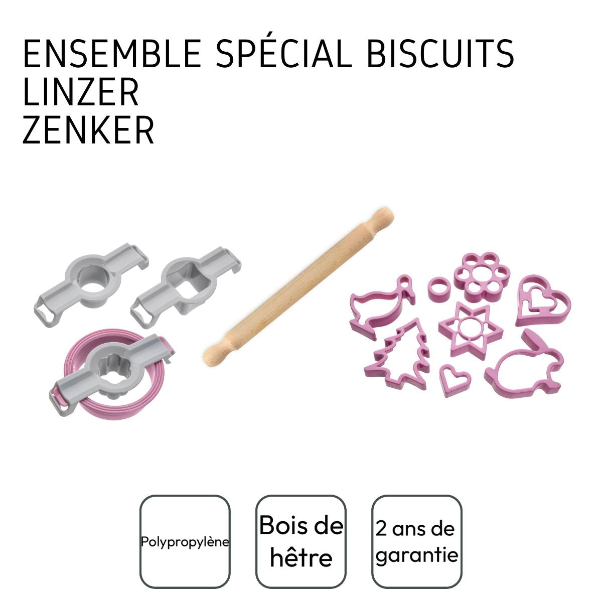 Ensemble pour biscuits Linzer emporte pièces et rouleau en bois Zenker - Mathon - 4