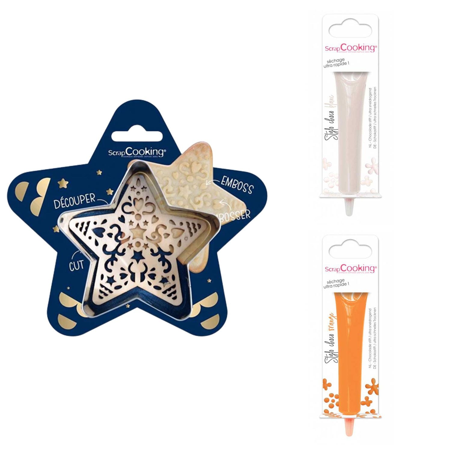 Kit pour biscuit en relief Étoile + 2 Stylos au chocolat blanc et orange Scrapcooking - Mathon