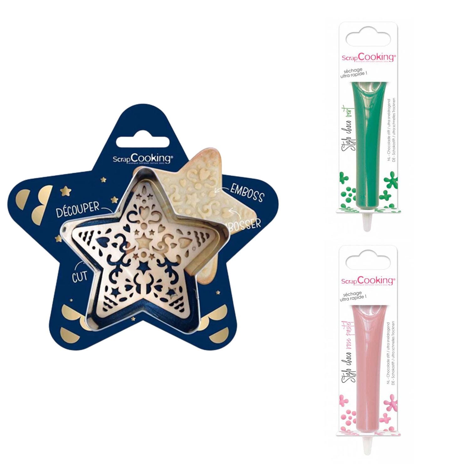 Kit pour biscuit en relief Étoile + 2 Stylos au chocolat vert et rose pastel Scrapcooking - Mathon