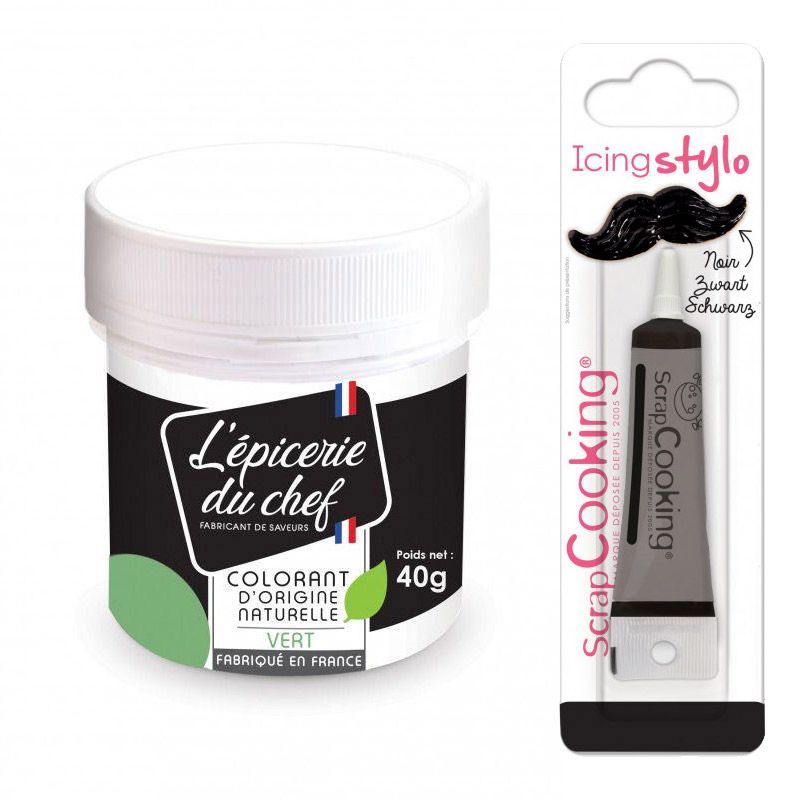 Colorant alimentaire naturel Vert 40 g + Stylo glaçage noir Scrapcooking - Mathon