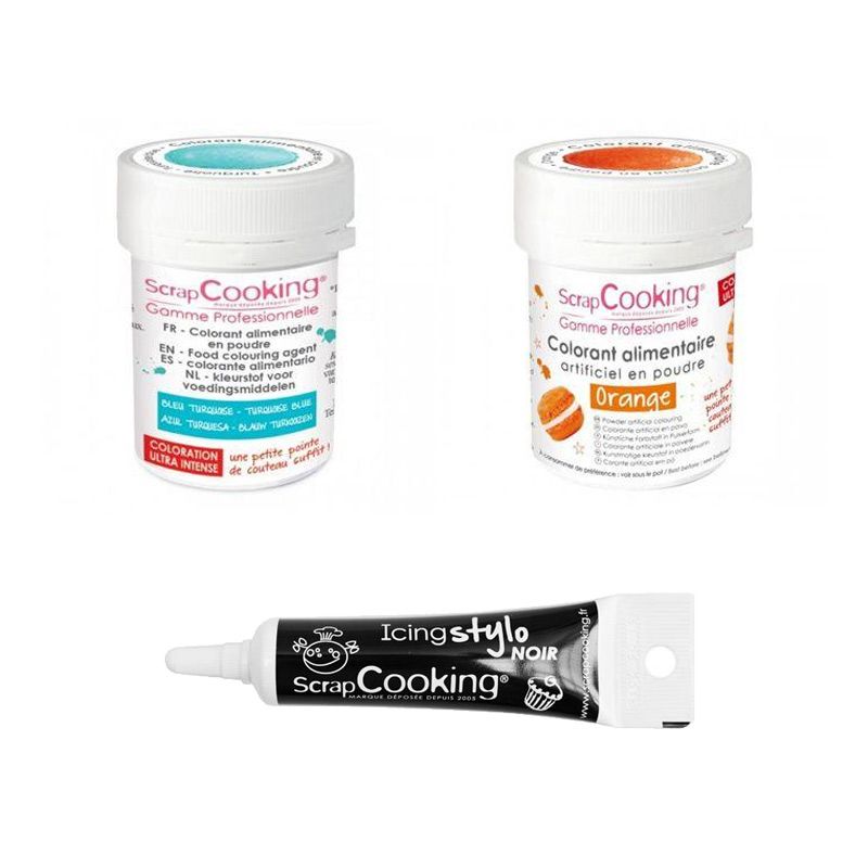 2 colorants alimentaires orange-turquoise + Stylo glaçage noir Scrapcooking - Mathon