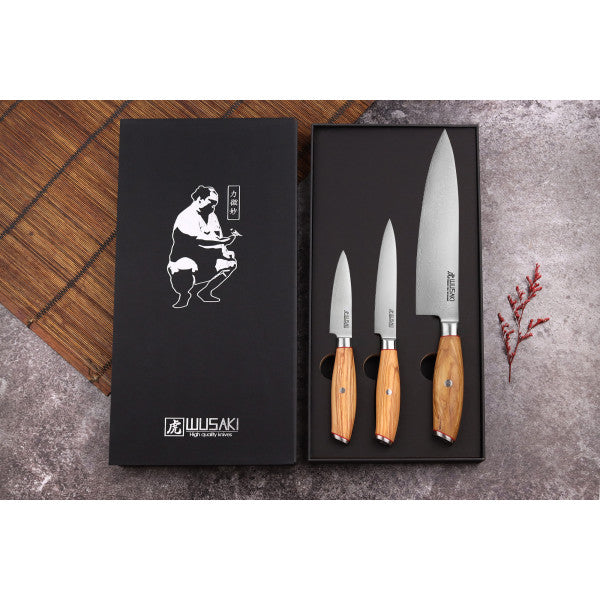 Coffret Wusaki 3 couteaux chef + office + universel Fujiko manche oli Wusaki - Mathon - 3