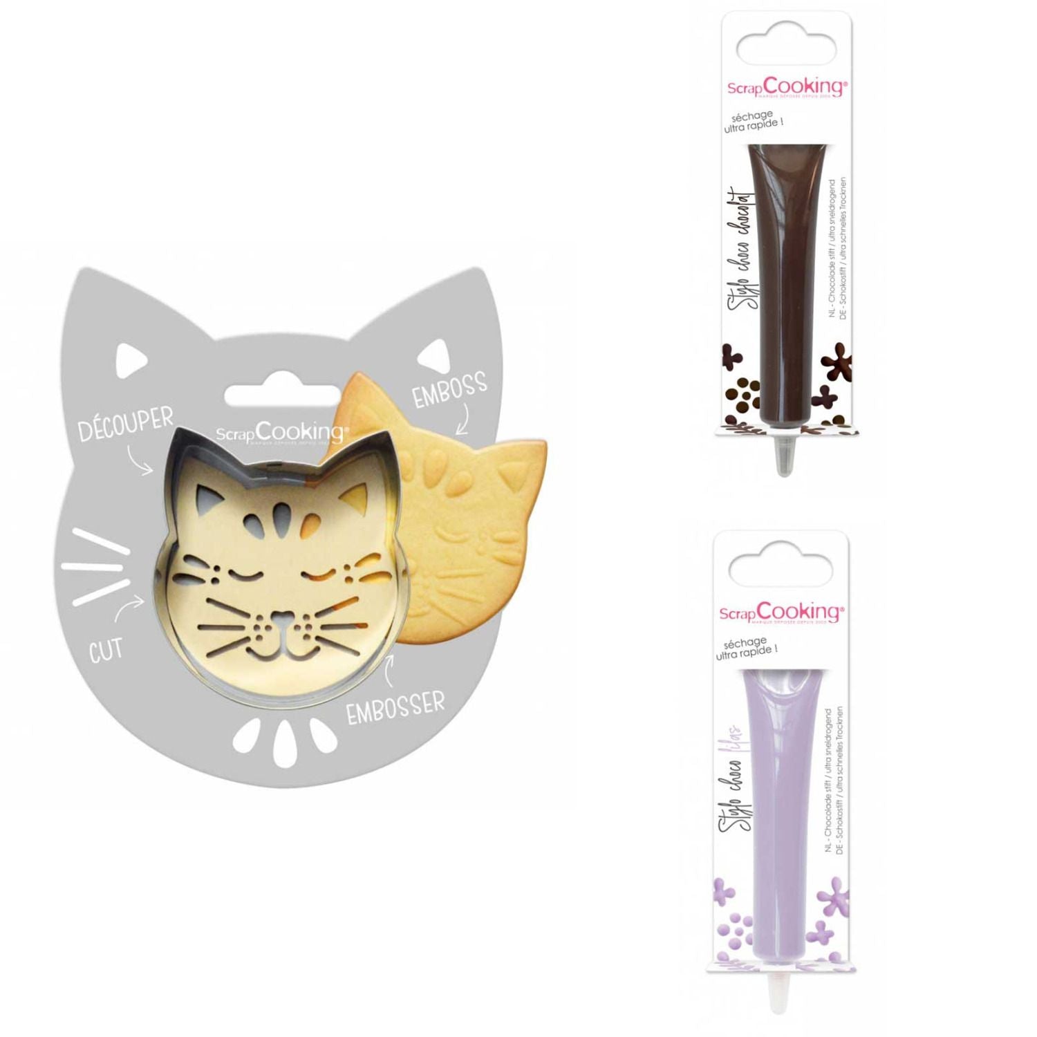 Kit pour biscuit en relief Chat + 2 Stylos au chocolat marron et lilas Scrapcooking - Mathon