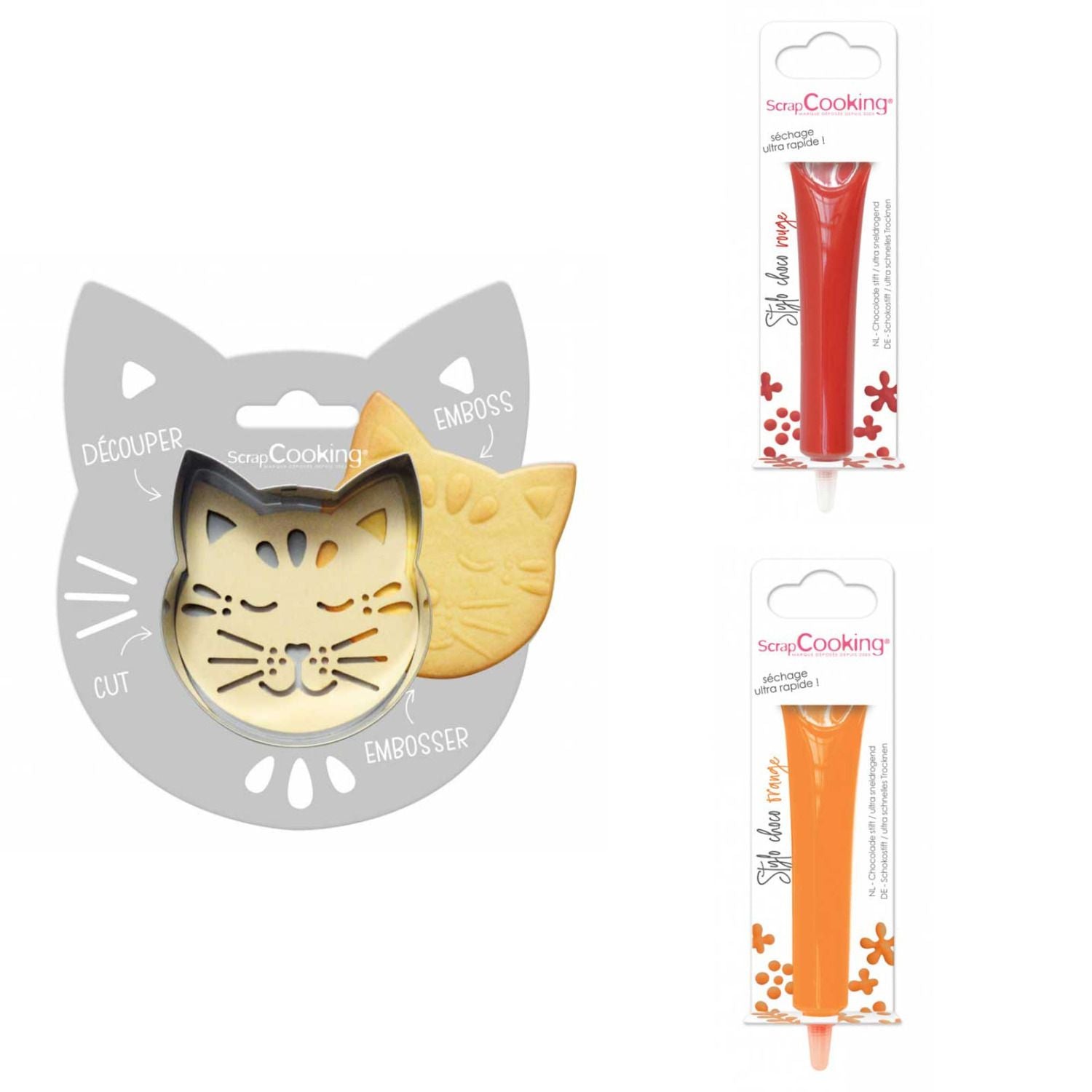 Kit pour biscuit en relief Chat + 2 Stylos au chocolat rouge et orange Scrapcooking - Mathon