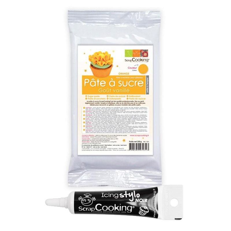 Pâte à sucre orange 250 g + Stylo de glaçage noir Scrapcooking - Mathon