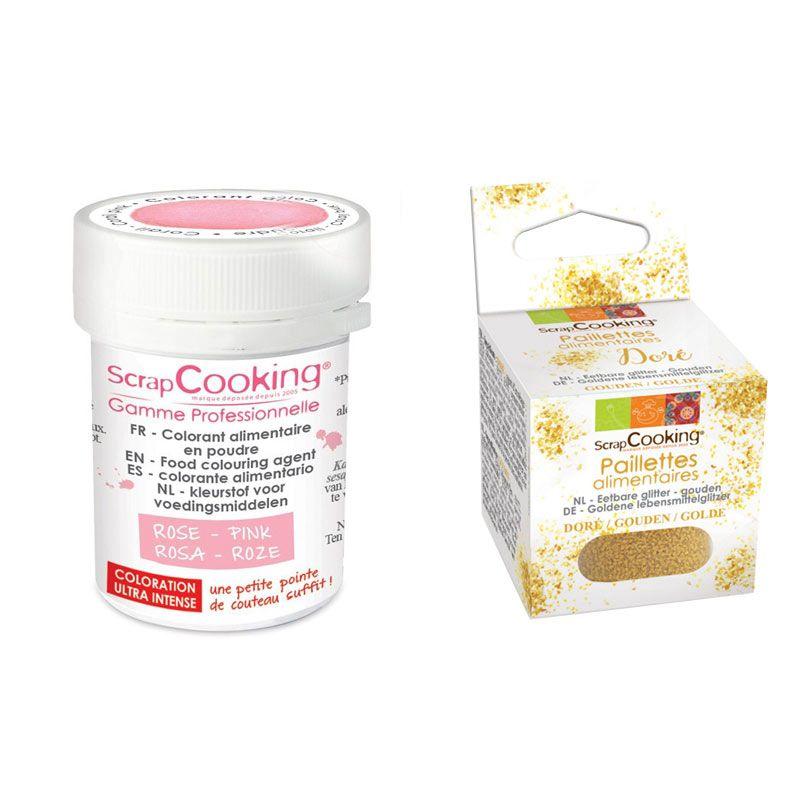 Colorant alimentaire en poudre rose poudré + paillettes dorées Scrapcooking - Mathon
