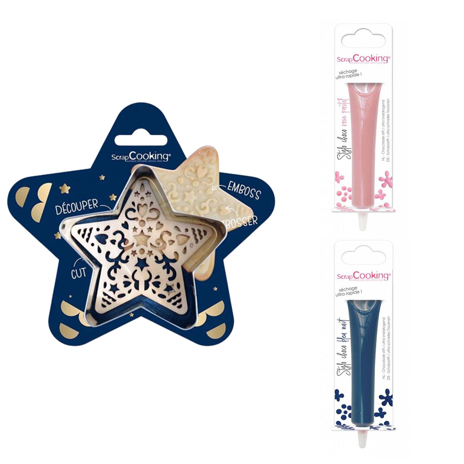 Kit pour biscuit en relief Étoile + 2 Stylos au chocolat rose pastel et bleu nuit Scrapcooking - Mathon