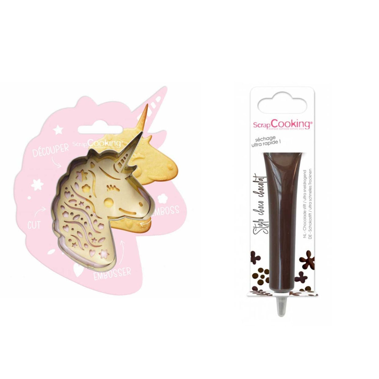 Kit pour biscuit en relief Licorne + Stylo au chocolat marron Scrapcooking - Mathon
