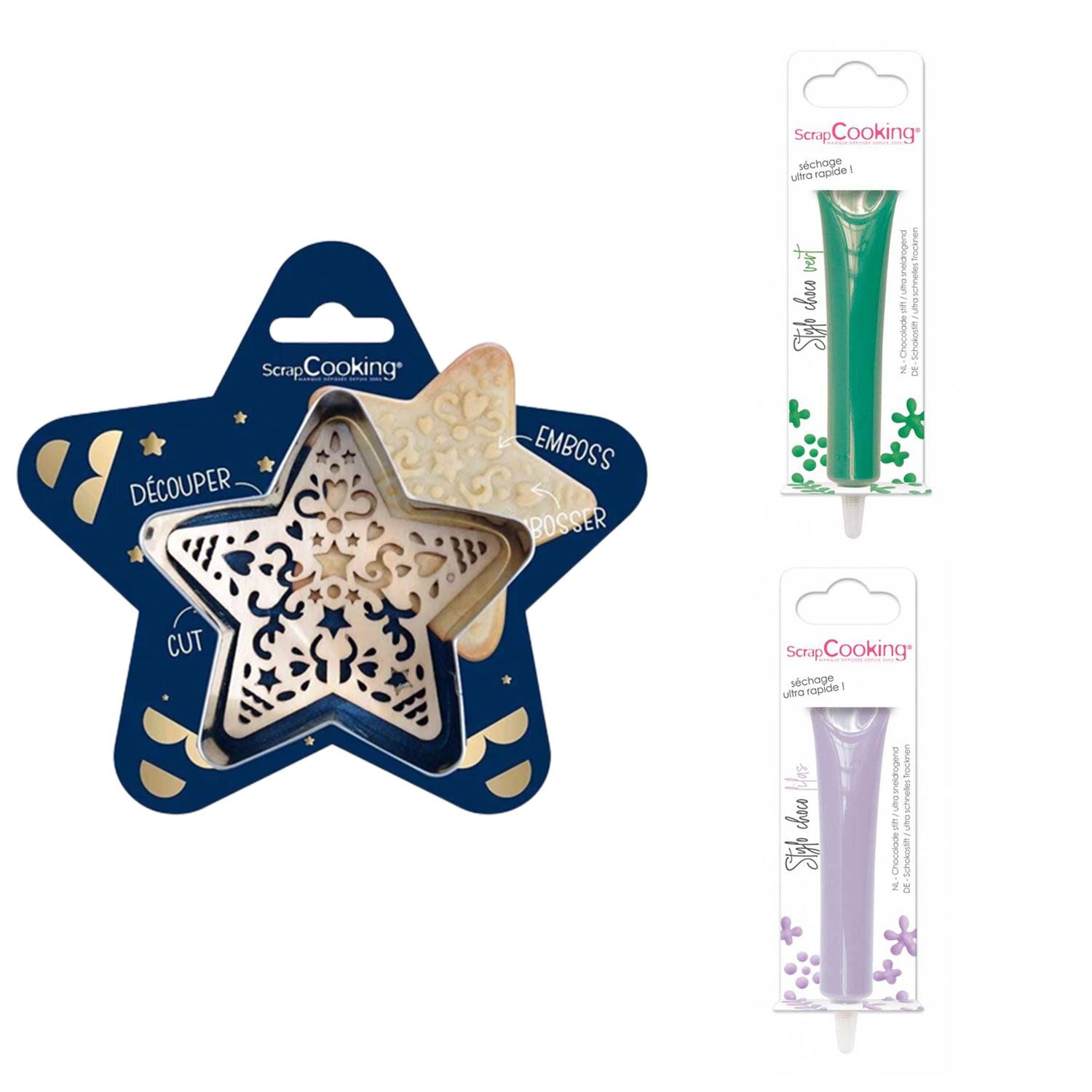 Kit pour biscuit en relief Étoile + 2 Stylos au chocolat vert et lilas Scrapcooking - Mathon