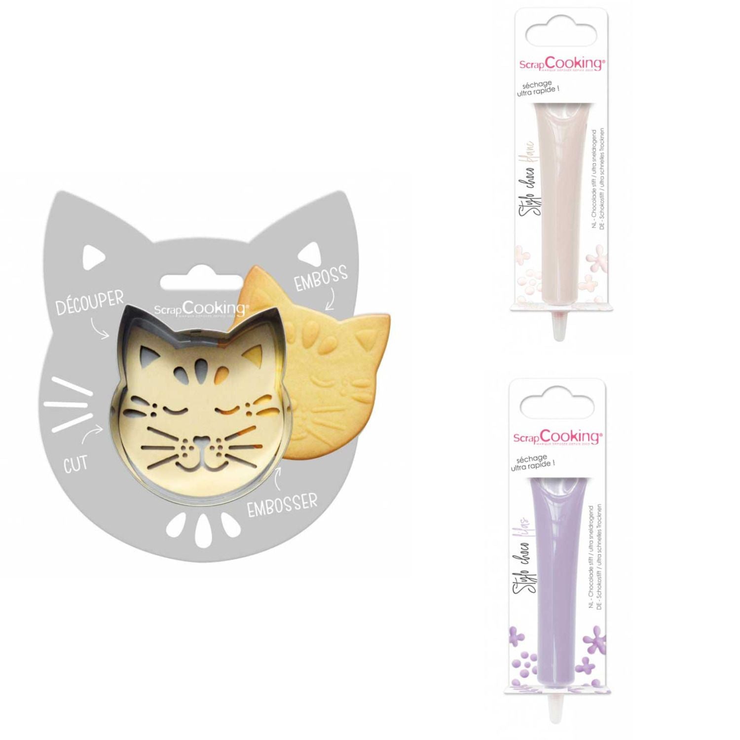 Kit pour biscuit en relief Chat + 2 Stylos au chocolat blanc et lilas Scrapcooking - Mathon