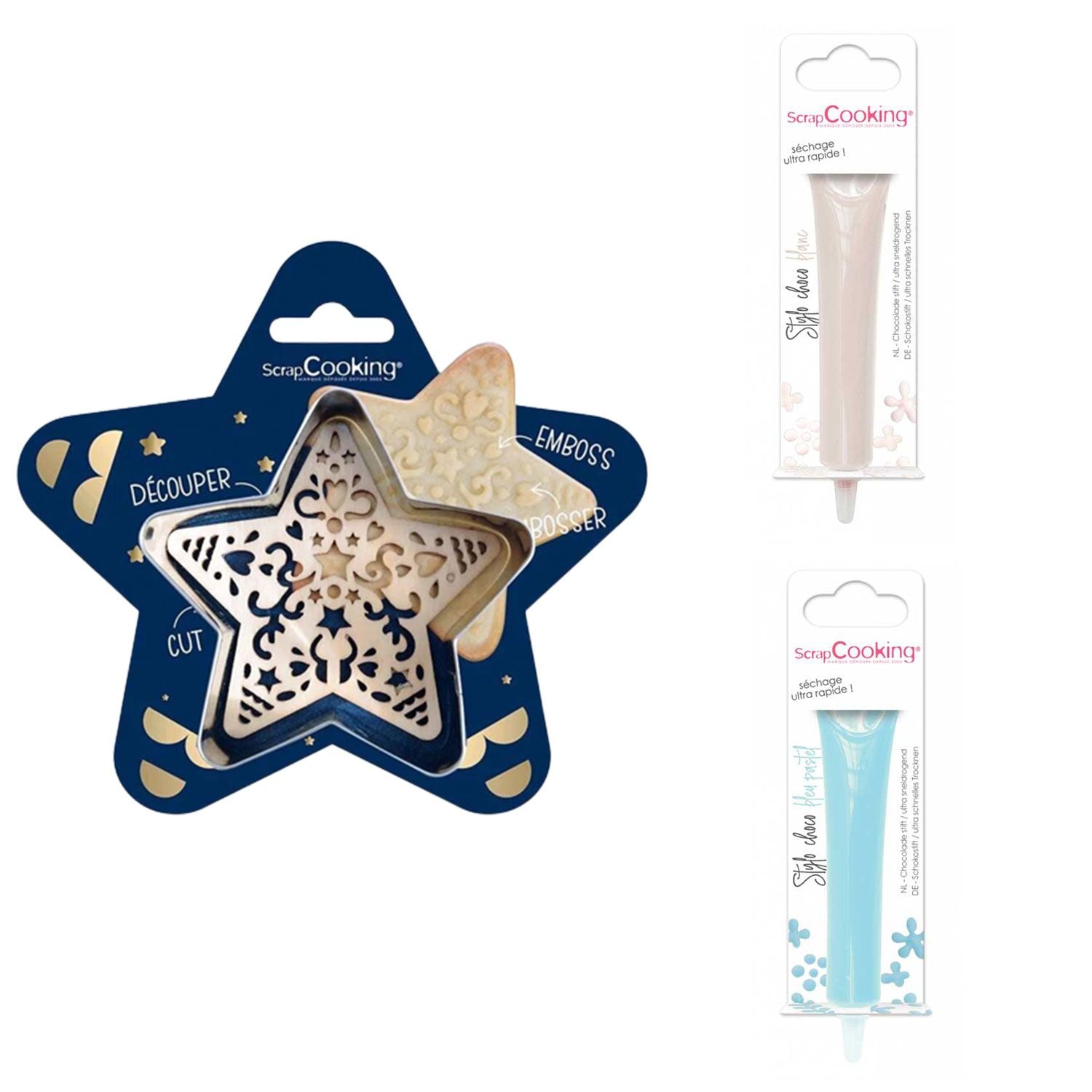 Kit pour biscuit en relief Étoile + 2 Stylos au chocolat blanc et bleu pastel Scrapcooking - Mathon