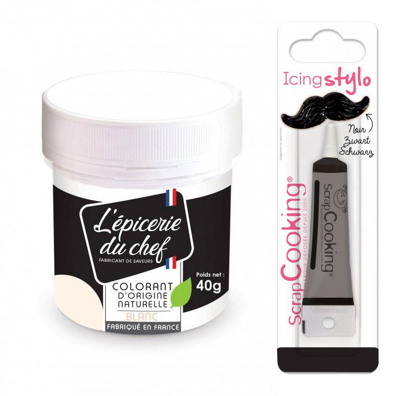 Colorant alimentaire naturel Blanc 40 g + Stylo glaçage noir Scrapcooking - Mathon
