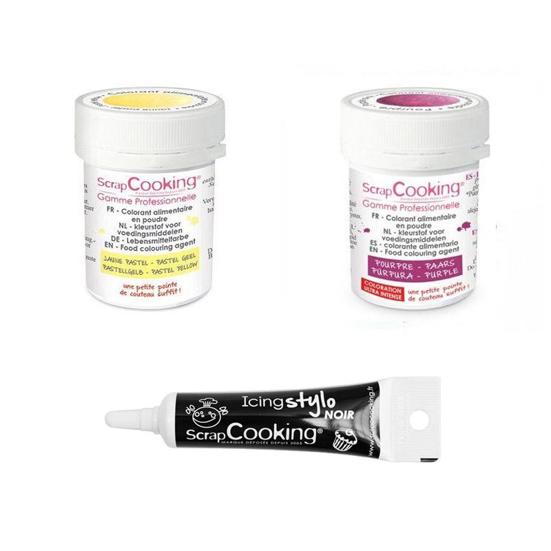 2 colorants alimentaires pourpre-jaune pastel + Stylo glaçage noir Scrapcooking - Mathon