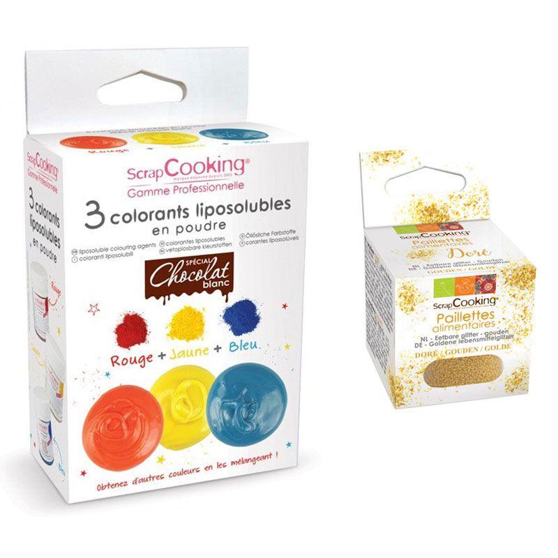 3 colorants liposolubles en poudre + paillettes dorées Scrapcooking - Mathon