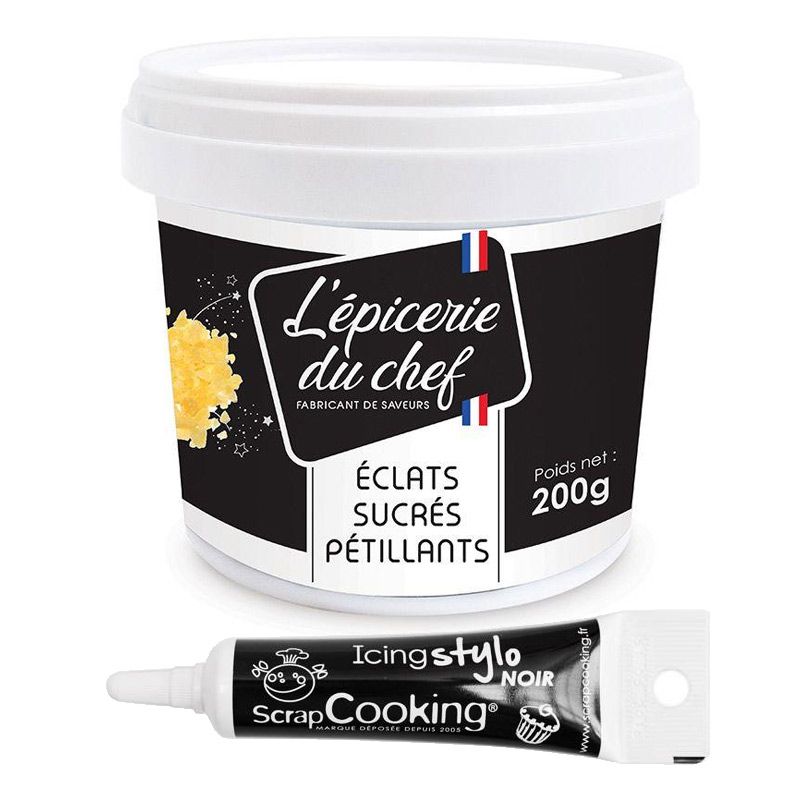 Eclats sucrés pétillants 200 g + Stylo de glaçage noir Scrapcooking - Mathon