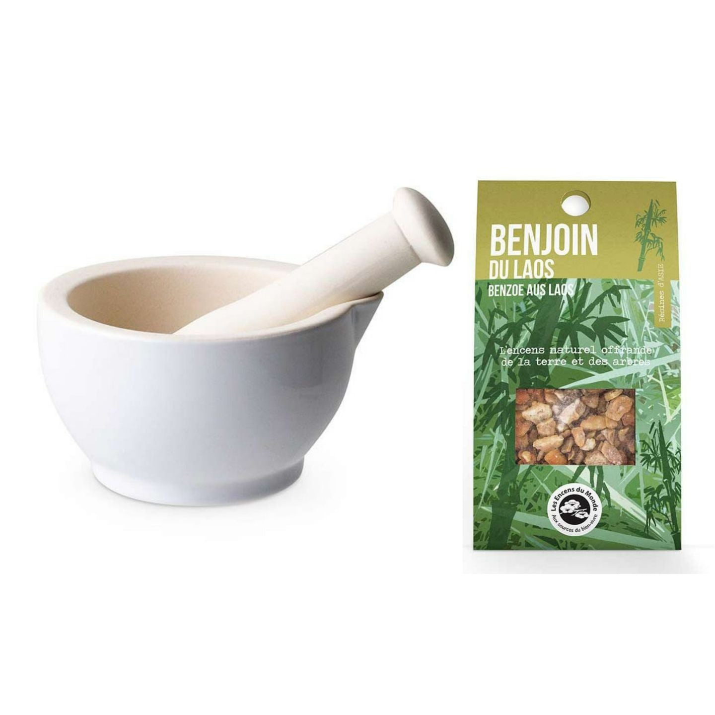 Mortier et pilon en grès blanc + Benjoin du Laos Aromandise - Mathon