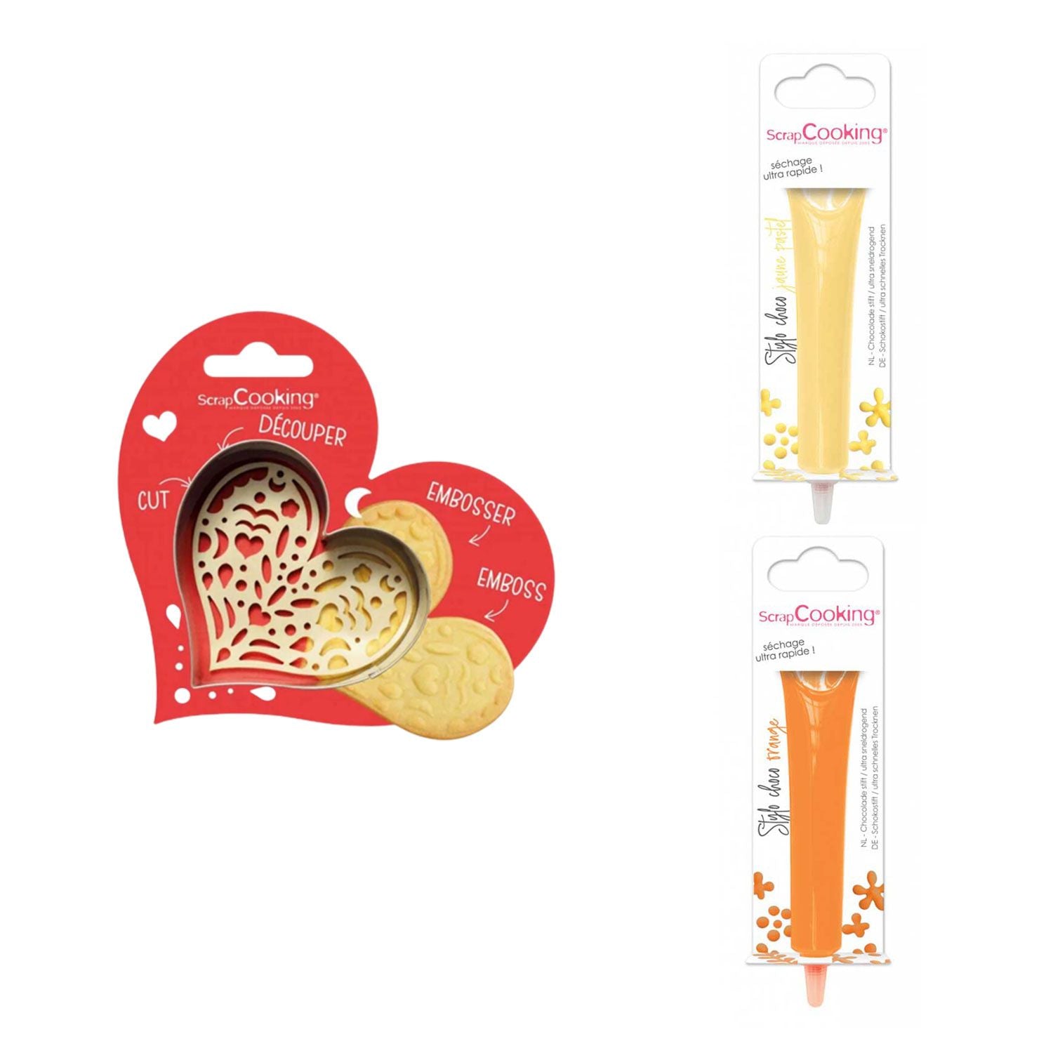Kit pour biscuit en relief Coeur + 2 Stylos au chocolat jaune pastel et orange Scrapcooking - Mathon