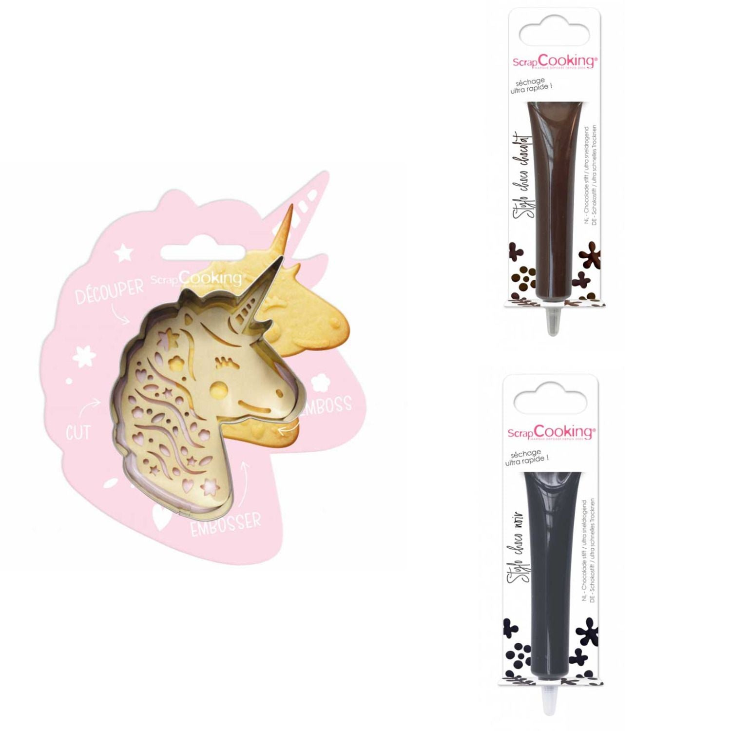 Kit pour biscuit en relief Licorne + 2 Stylos au chocolat marron et noir Scrapcooking - Mathon