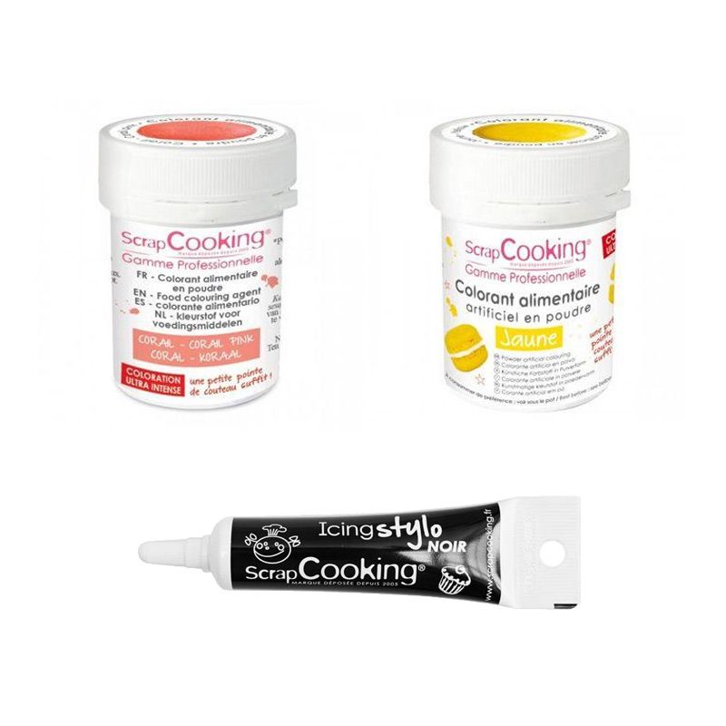 2 colorants alimentaires corail-jaune + Stylo glaçage noir Scrapcooking - Mathon