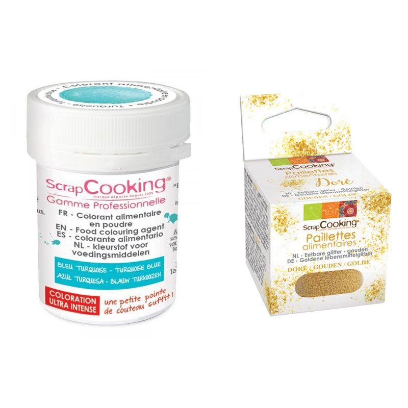 Colorant alimentaire en poudre turquoise + paillettes dorées Scrapcooking - Mathon