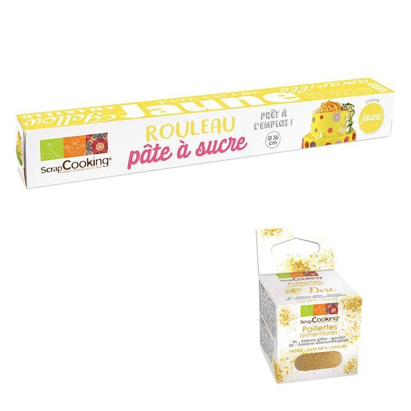 Pâte à sucre en rouleau Ø 36 cm jaune + paillettes dorées Scrapcooking - Mathon