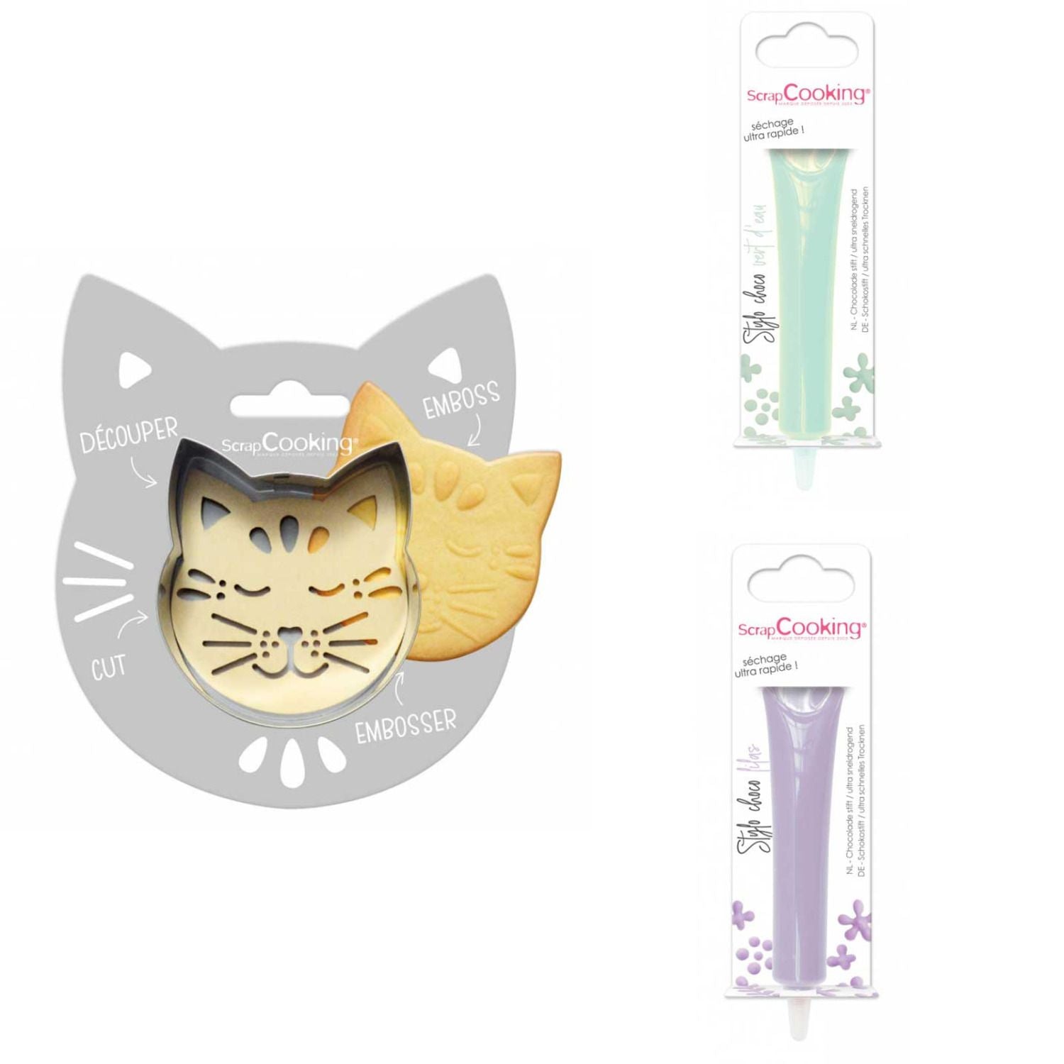 Kit pour biscuit en relief Chat + 2 Stylos au chocolat vert d