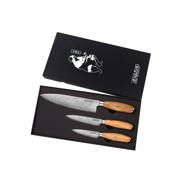 Coffret Wusaki 3 couteaux chef + office + universel Fujiko manche oli Wusaki - Mathon - 1