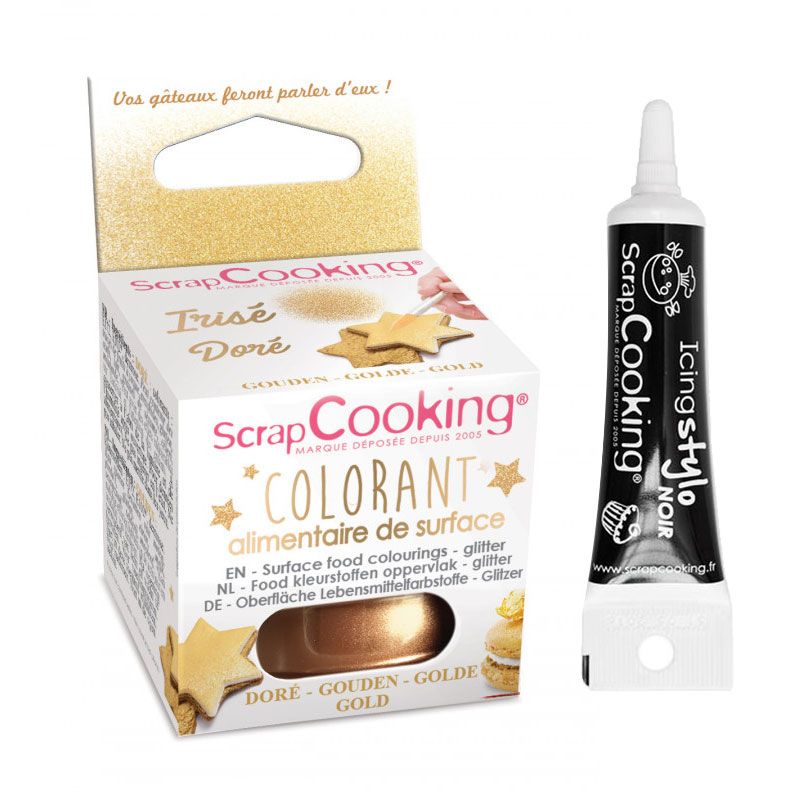 Colorant alimentaire de surface doré 5 g + Stylo de glaçage noir Scrapcooking - Mathon