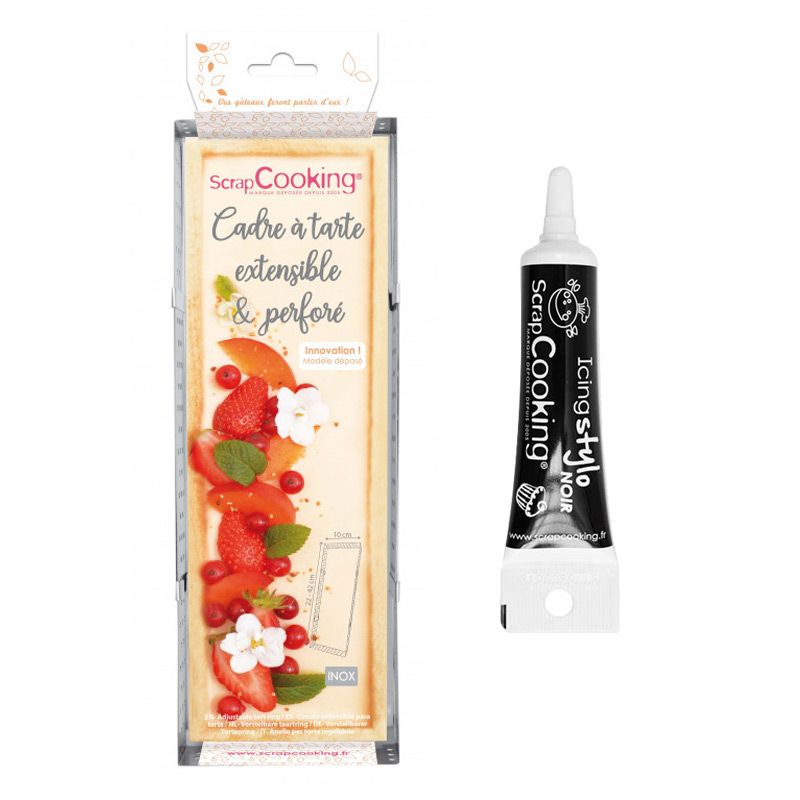 Cadre à tarte rectangulaire extensible en inox 22/42 cm + Stylo glaçage noir Scrapcooking - Mathon