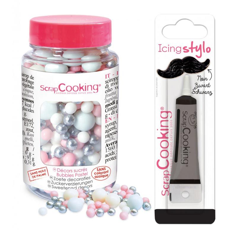 Décors sucrés boules pastel 70 g + Stylo de glaçage noir Scrapcooking - Mathon