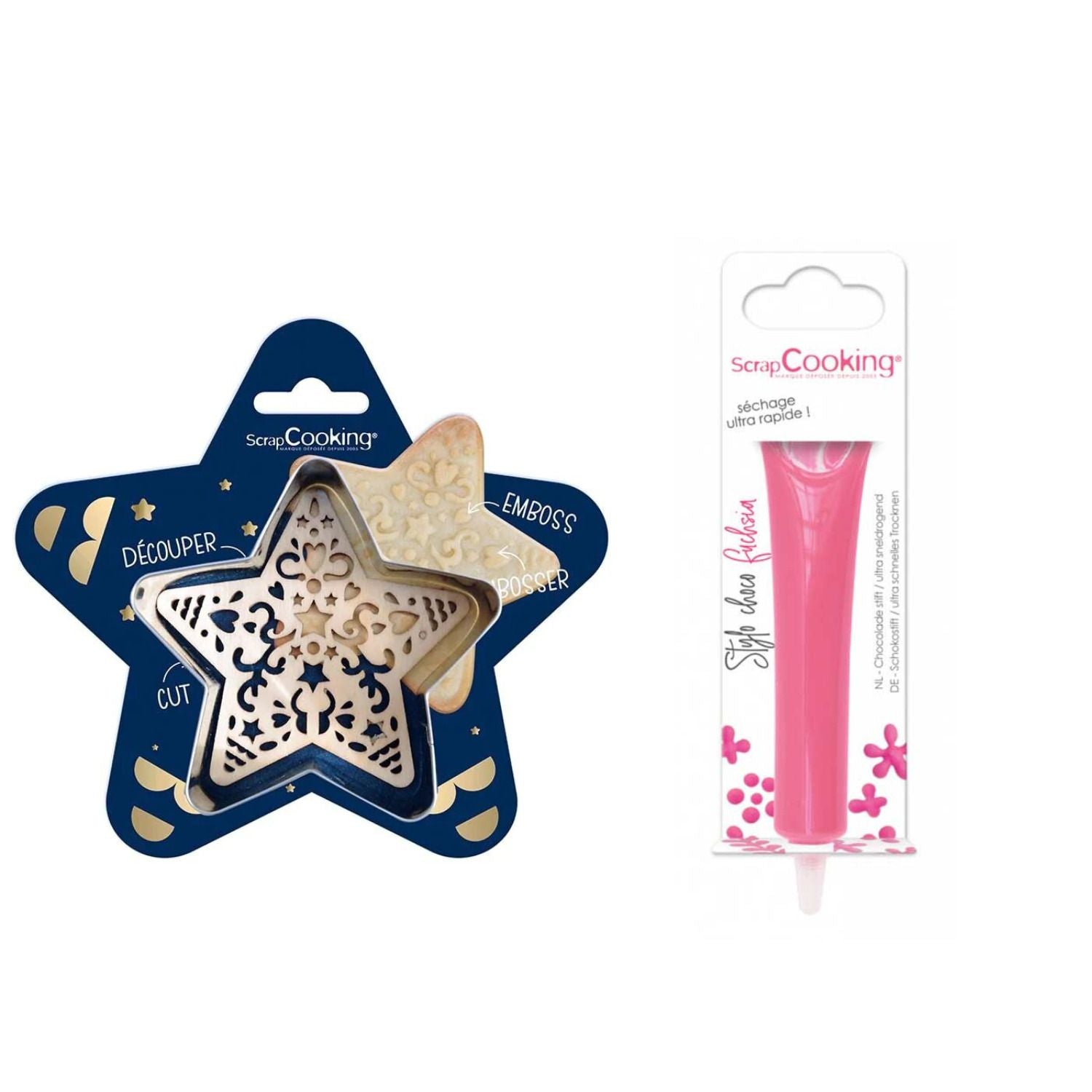 Kit pour biscuit en relief Étoile + Stylo au chocolat fuchsia Scrapcooking - Mathon