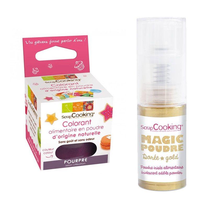 Colorant alimentaire Pourpre + Poudre alimentaire irisée dorée Scrapcooking - Mathon