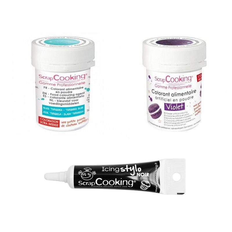 2 colorants alimentaires turquoise-violet + Stylo glaçage noir Scrapcooking - Mathon