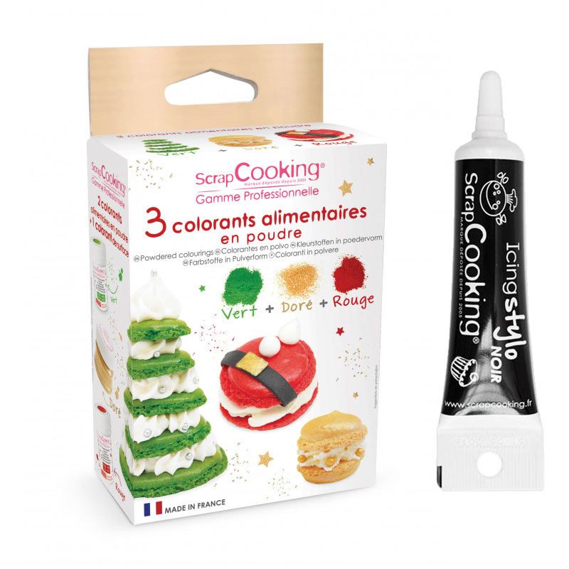 3 colorants en poudre vert, rouge et doré + Stylo glaçage noir Scrapcooking - Mathon
