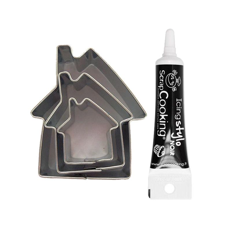 3 mini emporte-pièces inox Maisons + Stylo de glaçage noir Youdoit - Mathon