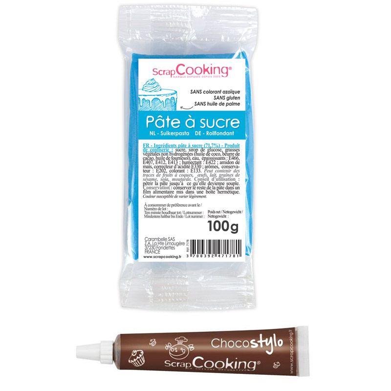 Stylo chocolat + Pâte à sucre bleu foncé 100 g Scrapcooking - Mathon