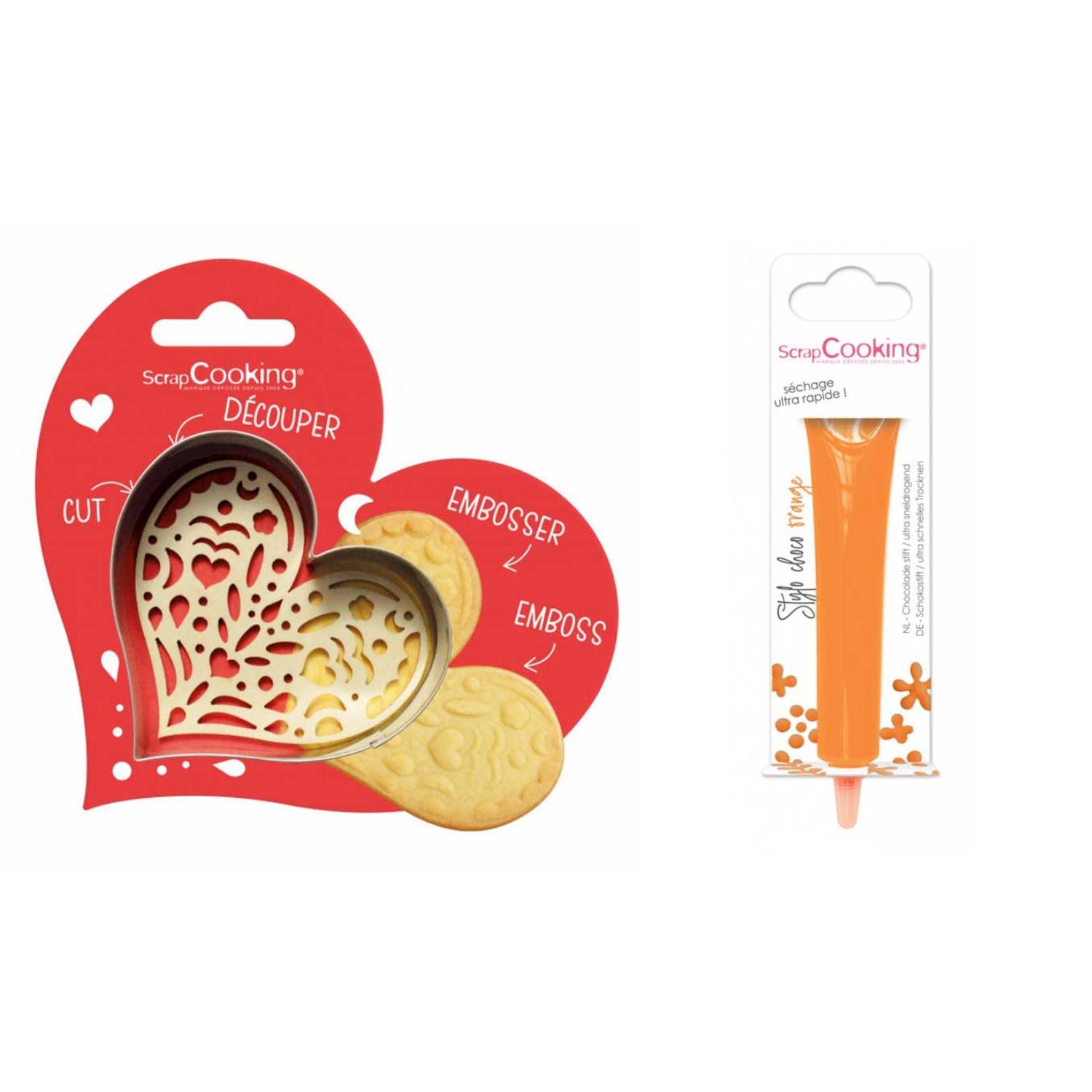 Kit pour biscuit en relief Coeur + Stylo au chocolat orange Scrapcooking - Mathon