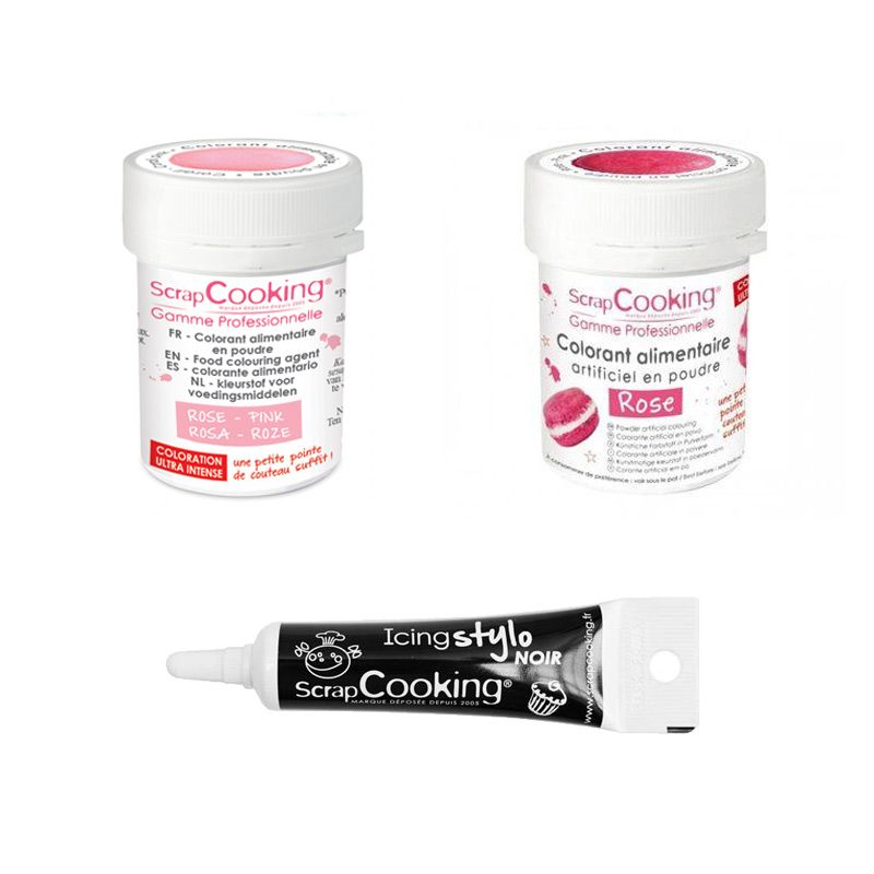 2 colorants alimentaires rose poudré-rose + Stylo glaçage noir Scrapcooking - Mathon