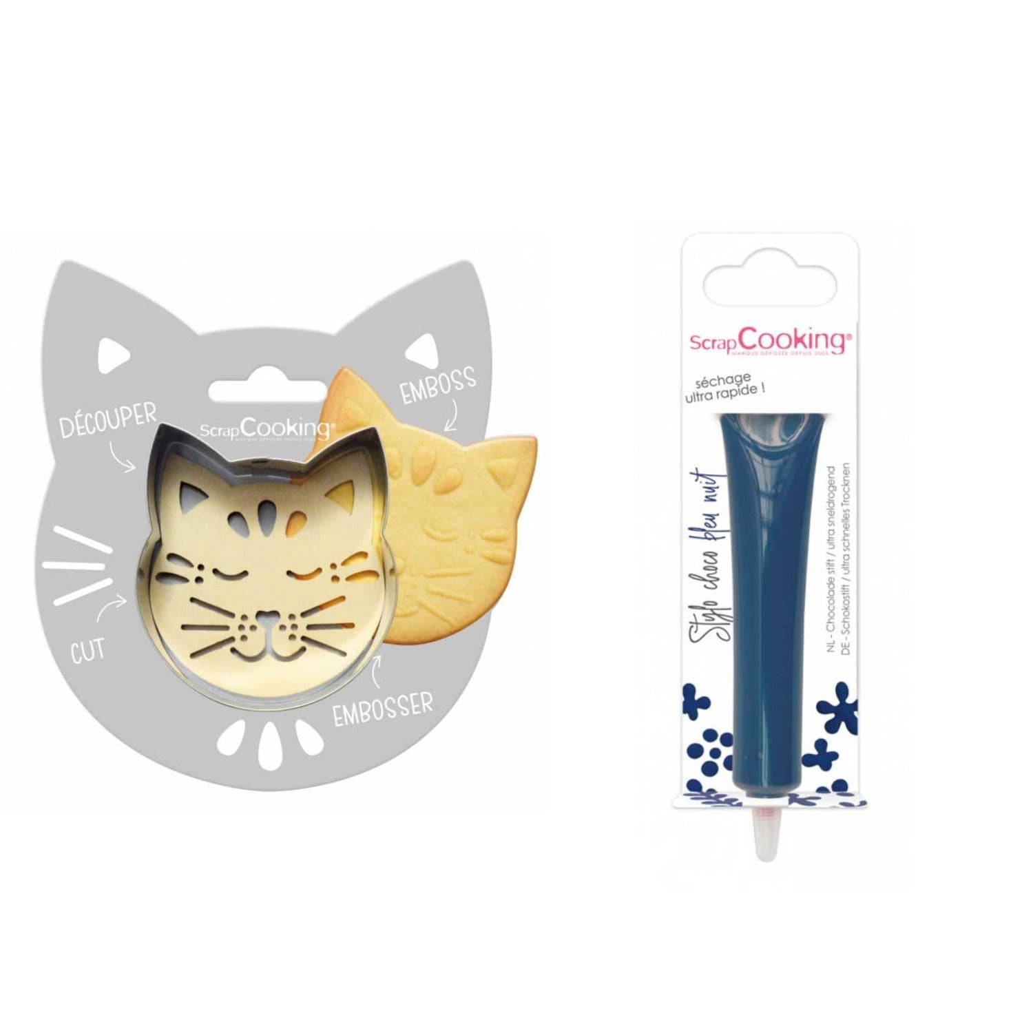 Kit pour biscuit en relief Chat + Stylo au chocolat bleu nuit Scrapcooking - Mathon