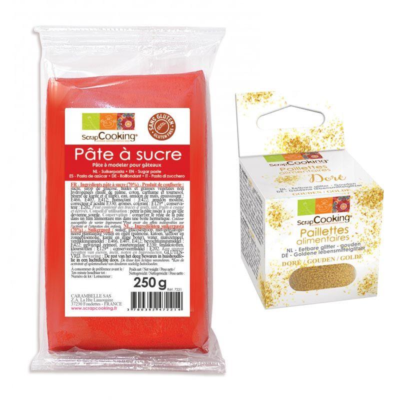 Pâte à sucre rouge 250 g + paillettes dorées Scrapcooking - Mathon
