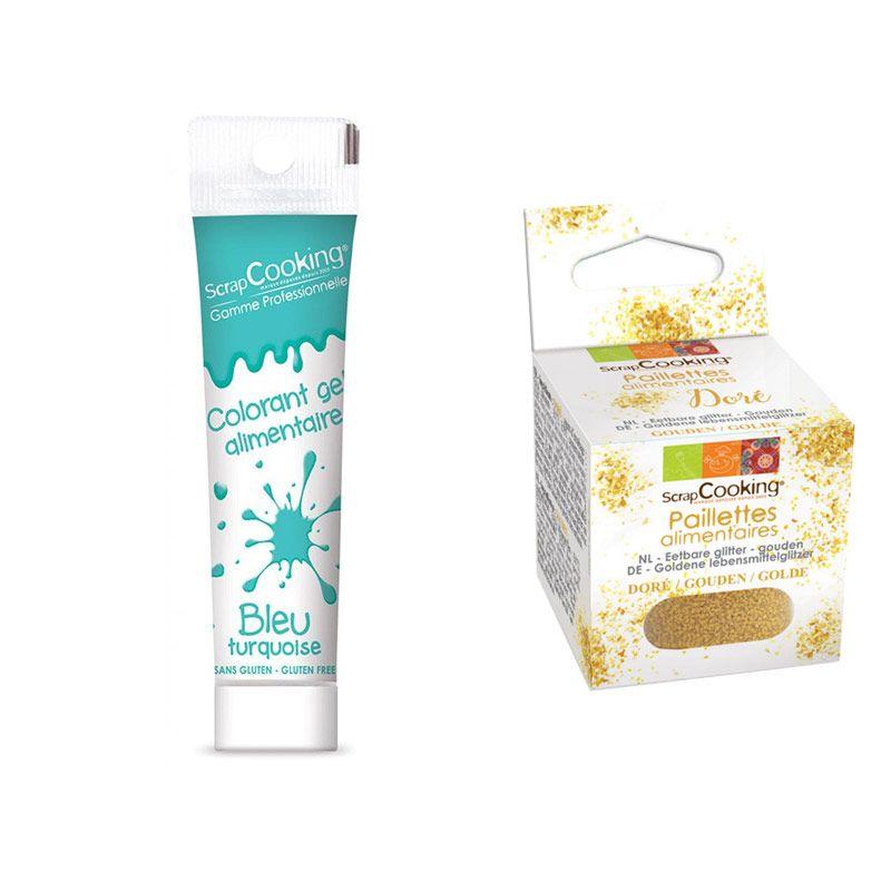 Gel colorant alimentaire bleu turquoise + paillettes dorées Scrapcooking - Mathon