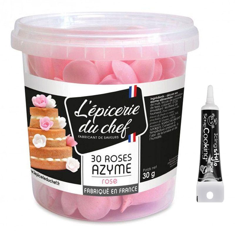 30 roses rose en papier azyme + Stylo de glaçage noir Scrapcooking - Mathon