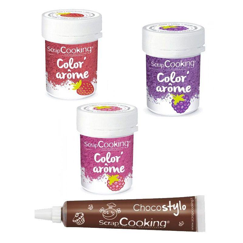 3 colorants alimentaires aux arômes framboise, mûre & fraise + 1 Stylo chocolat Scrapcooking - Mathon