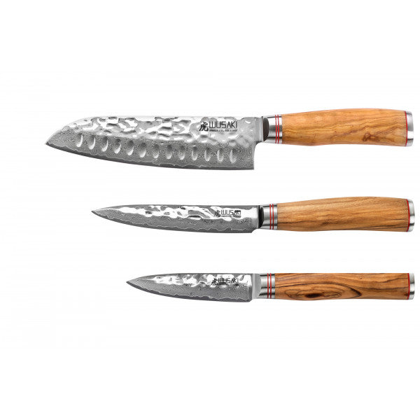 3 couteaux Wusaki Damas 10Cr en coffret élégant (santoku alvéolé, uni Wusaki - Mathon - 2